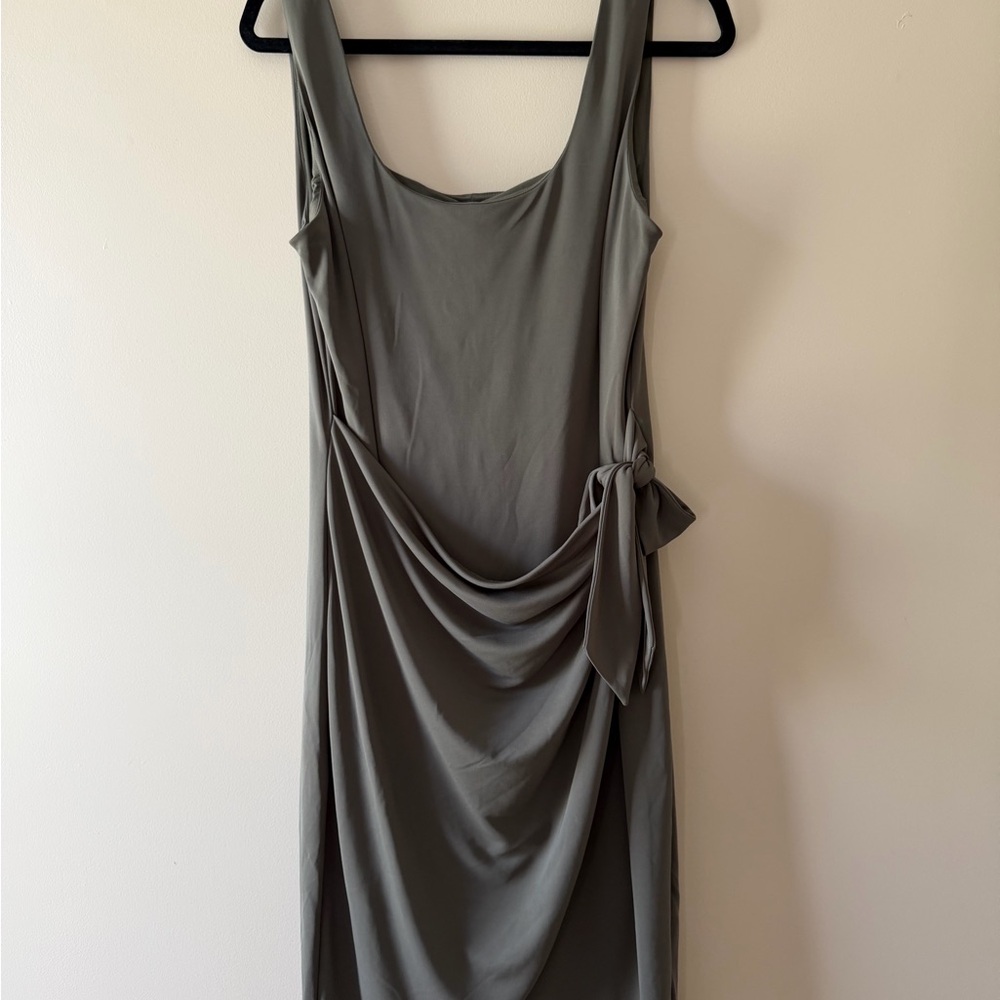 Express Olive Green Midi Dress with Side Drape and Tie
